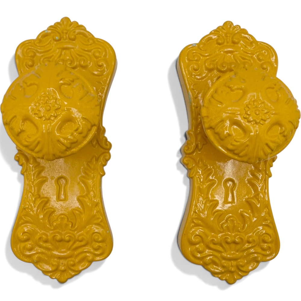 Pair Ornate Mustard Yellow Cast Metal Wall Hooks Victorian Rococo Door Knob 6.5"